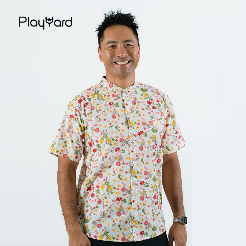 CNY Men เสื้อเชิ้ตคอจีน - Gerberas & Daisies (สีขาว)