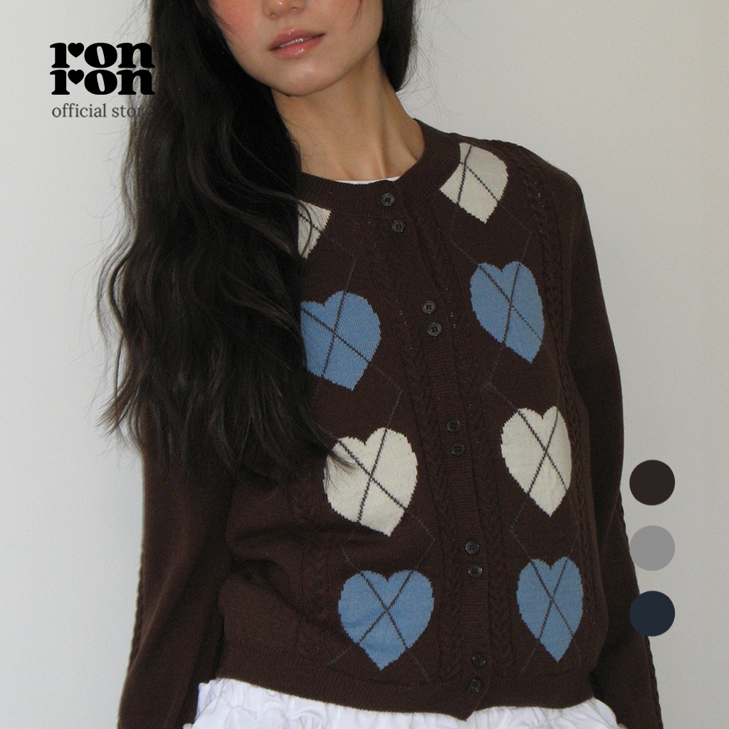[RONRON] HEART ARGYLE 2 BUTTON KNIT CARDIGAN / 3 colors