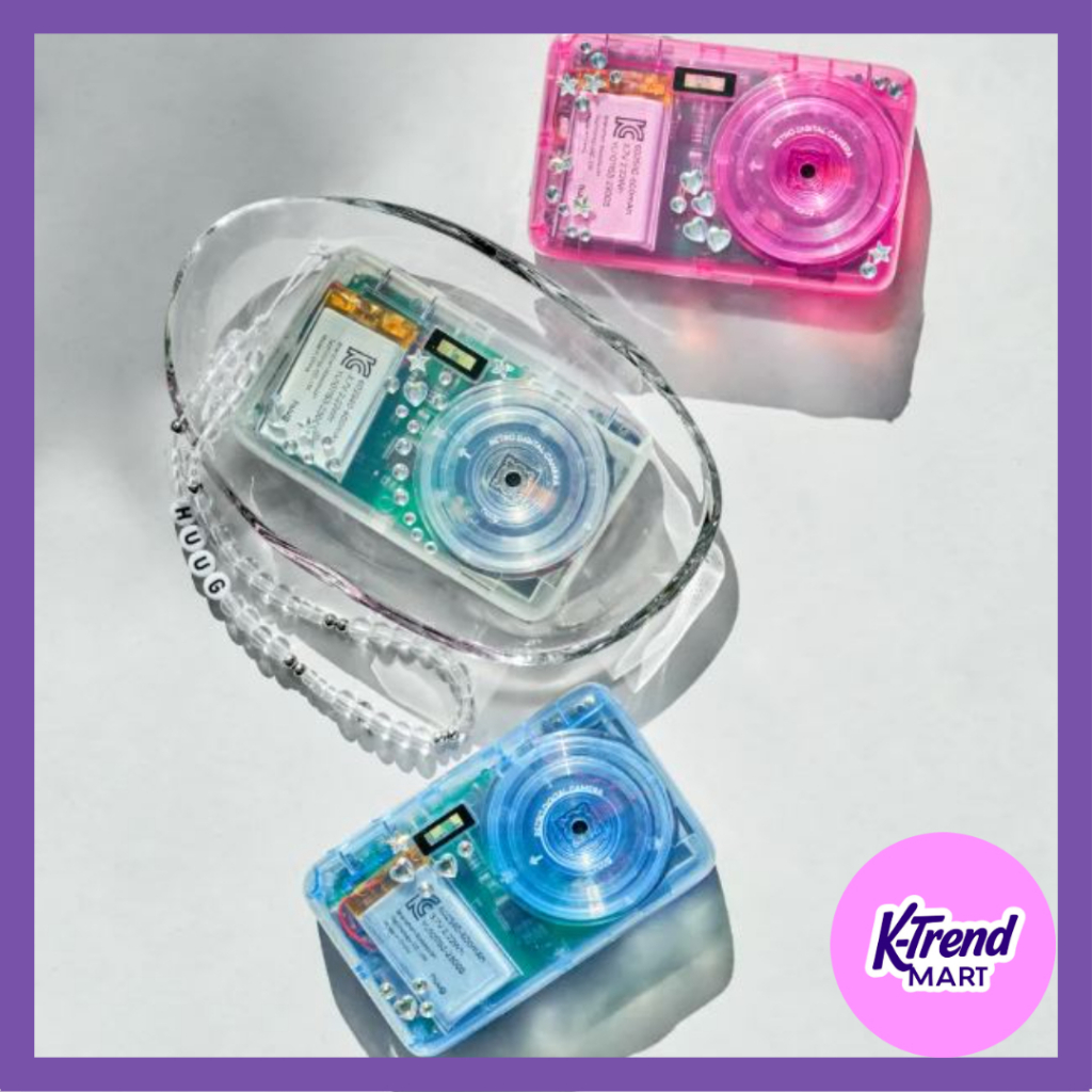 Hug Retro Clear Digital Camera – Y2K Selfie & Video Cam (3 สี) + หน่วยความจําภายนอก สายรัด และสติ๊กเ