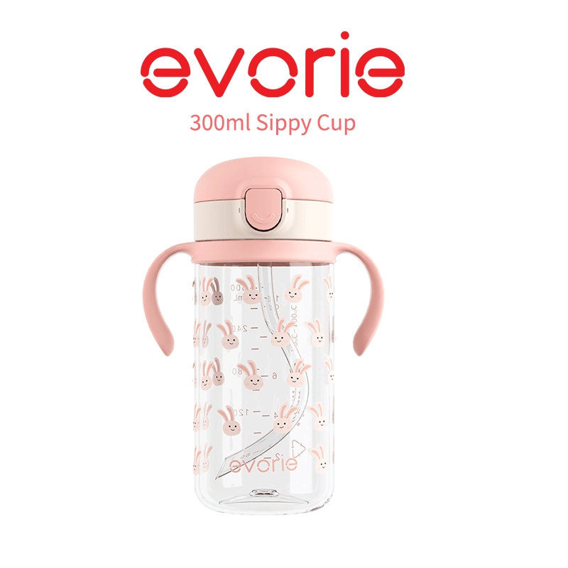 Evorie Tritan Sippy Straw Cup ขวดน้ําสําหรับเด็กวัยหัดเดินสําหรับเด็ก 1-4 ปี 300mL, Rabbit Pink ไม่เ