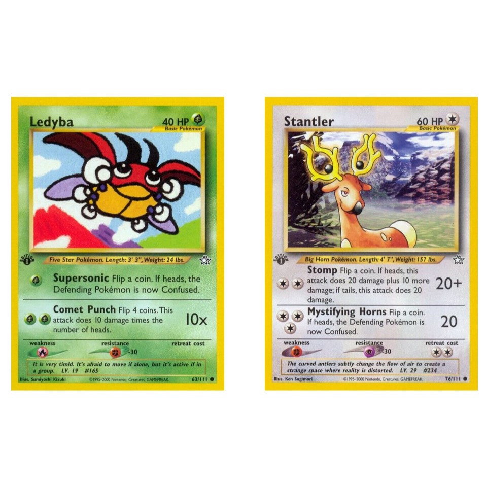 การ์ดโปเกมอนภาษาอังกฤษ Ledyba - 63/111 /Stantler - 76/111 - Common 1st Edition Neo Genesis 1st Editi
