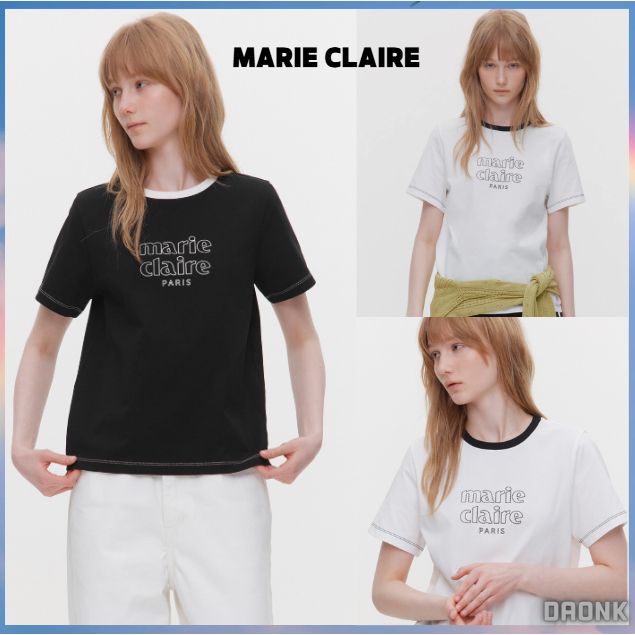 [MARIE CLAIRE] เสื้อยืดแขนสั้น Essential Logo Contrast Stitch สไตล์เกาหลี 2 สี
