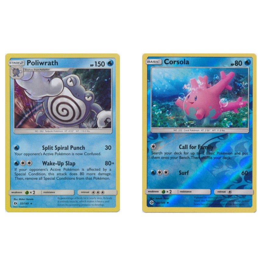 การ์ดโปเกมอนภาษาอังกฤษ Poliwrath - 32/149 - Holo /Corsola - 36/149 - Uncommon Reverse HoloSun & Moon