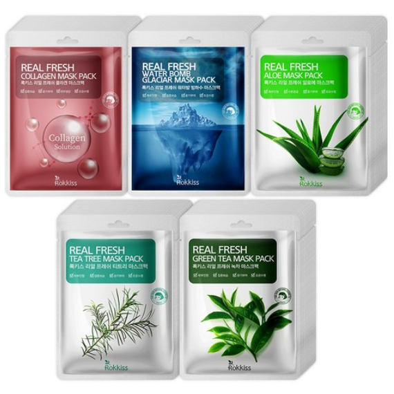 Rokkiss Real Fresh Sheet Mask Pack 50pcs Set (Glacier Water 10p + Collagen 10p + Tea Tree 10p + Aloe