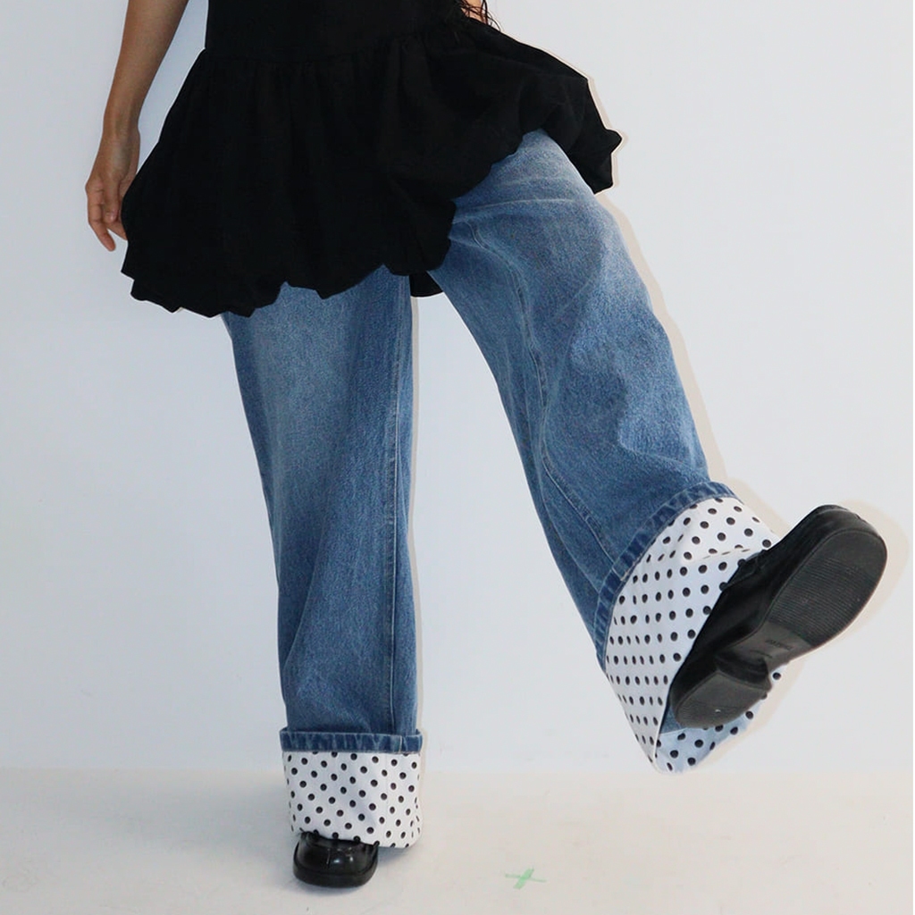 [RONRON] Patch Roll Up Denim Pants / WHITE DOT — صورة 8
