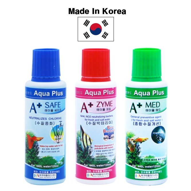 [ผลิตในเกาหลี] ชุดน้ําตู้ปลา Aqua Plus A+ (SAFE/ZYME/MED) 120ml | เครื่องกรองน้ําตู้ปลา
