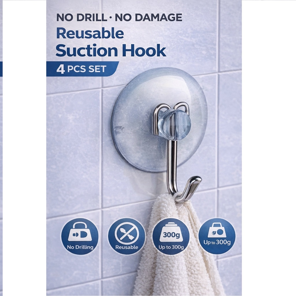 ตะขอติดผนังถ้วยดูดแบบใช้ซ้ําได้ 4pcsX2set | No เจาะ ห้องน้ํา & ครัว ตะขอ / ตะขอดูด / ตะขอห้องน้ํา / 