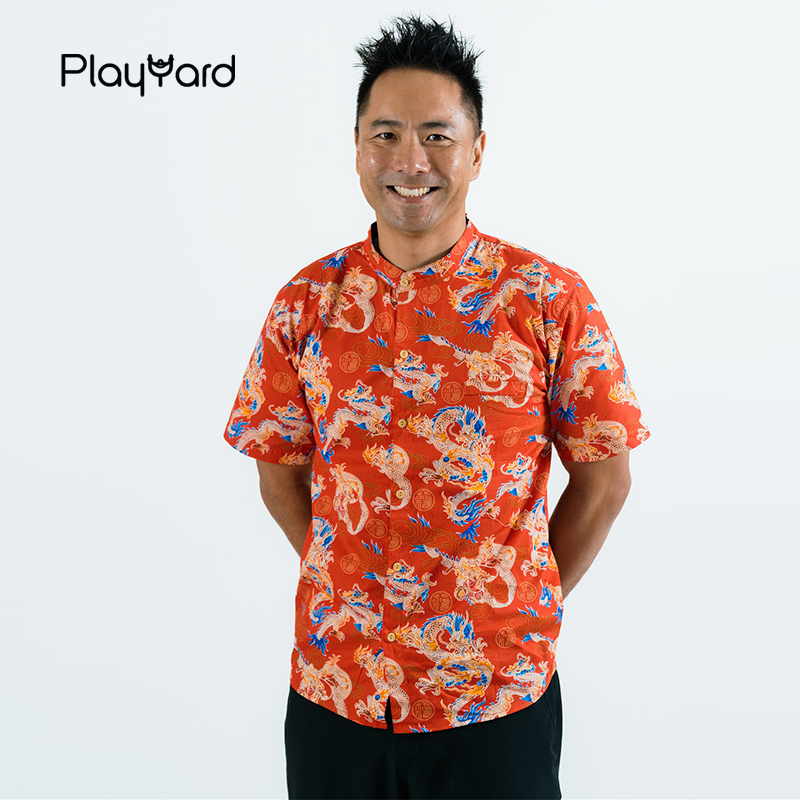 CNY Men เสื้อเชิ้ตคอจีน - มังกรมงคล (สีแดง)