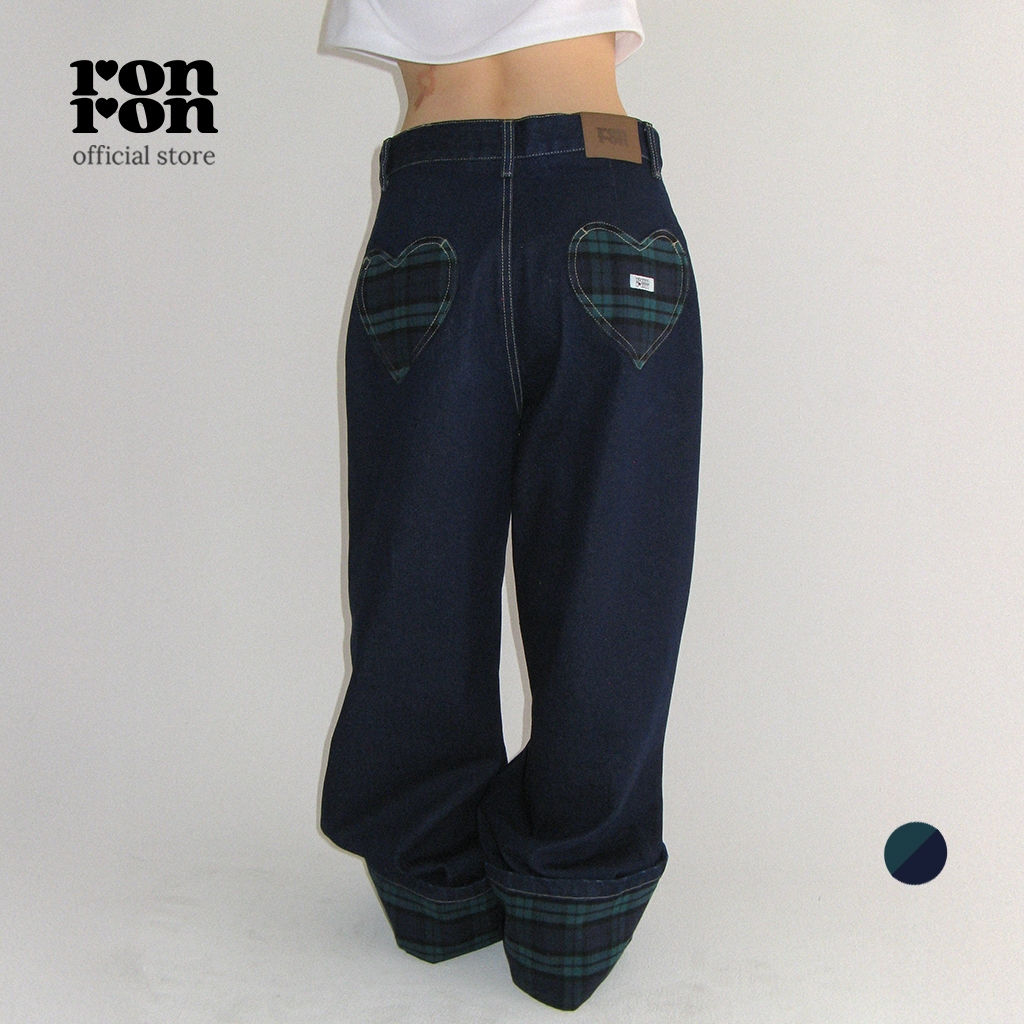 [RONRON] Patch Roll Up Denim Pants / GREEN CHECK