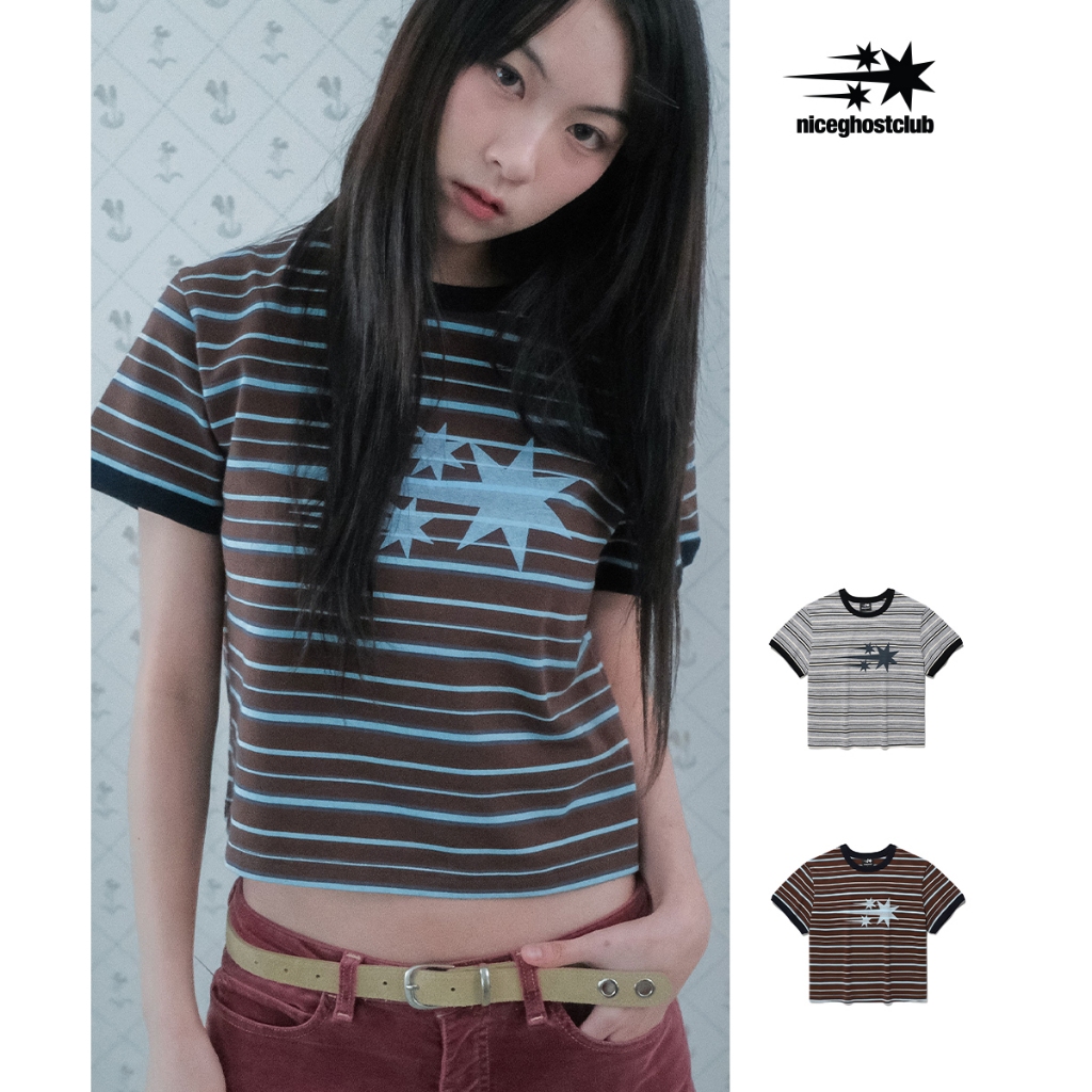 [NICEGHOSTCLUB] STRIPE 3STAR BASIC RINGER TEE_สไตล์เกาหลี
