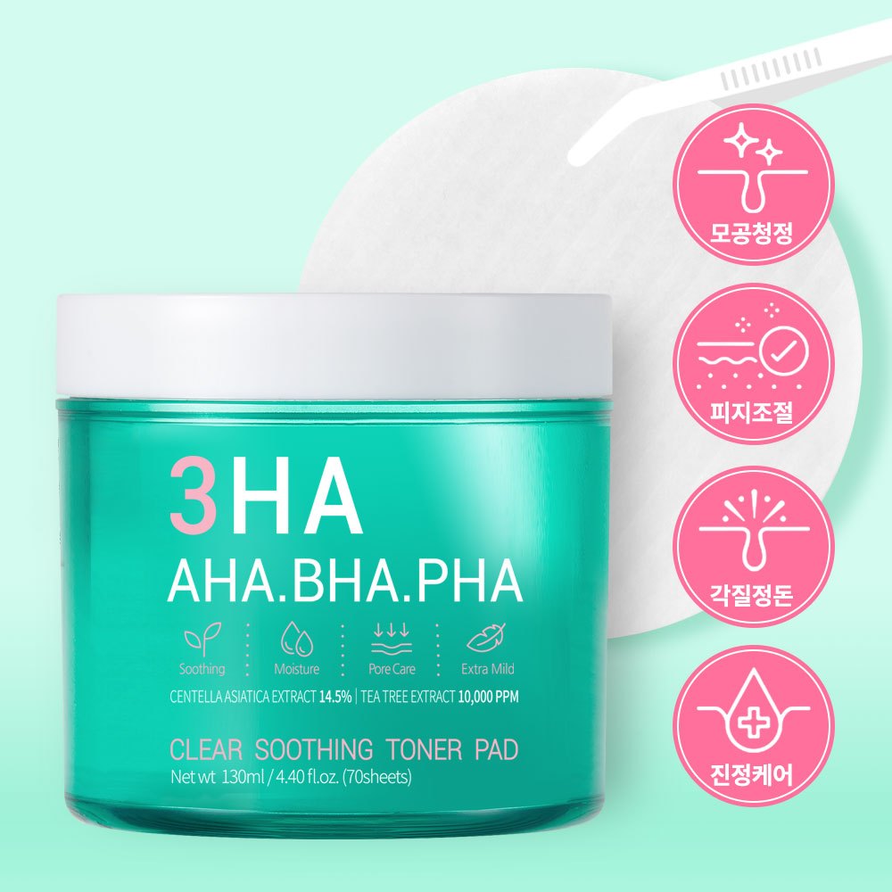 3HA Cica Soothing Toner Pad 70 แผ่น AHA BHA PHA Gentle Exfoliating Pad Daily Pore Care Hydrating Ski