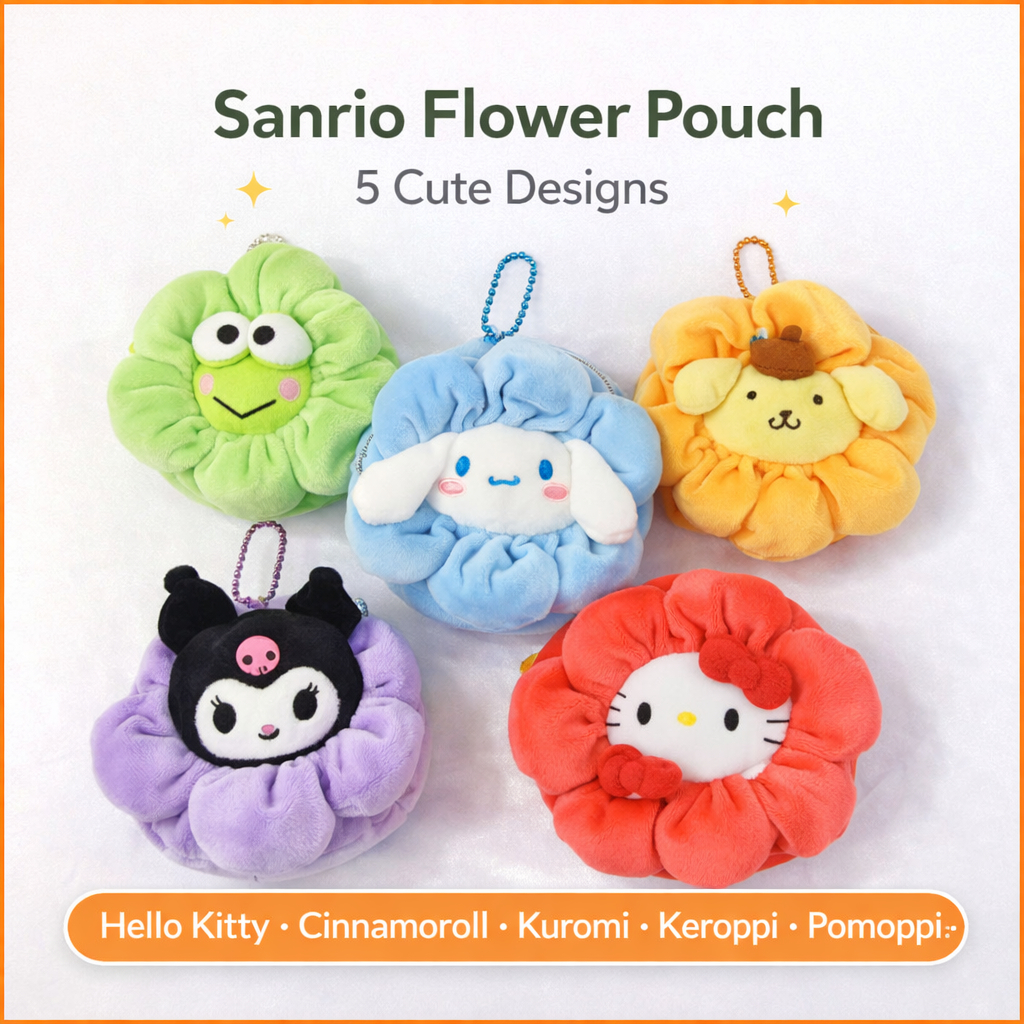 กระเป๋าพวงกุญแจแบบฟลัชลายดอกไม้สำหรับของใช้เล็กๆ จากตัวการ์ตูนHello Kitty, Cinnamoroll, Kuromi, และK