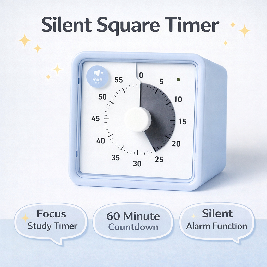 Silent Square Timer 60 นาที Analog Desk Timer Study Kitchen Timer Sky Blue