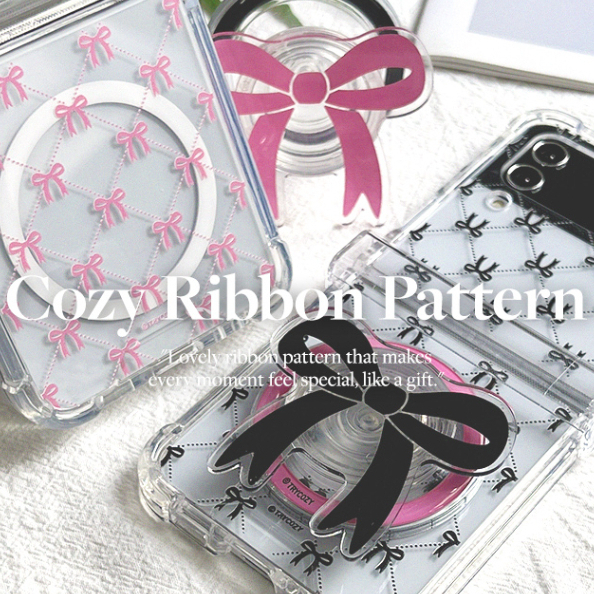 🇰🇷  เกาหลี Galaxy Magnetic Z Flip 7 / 7FE / 6 / 5 / 4 Clear Bumper Case  Cozy Ribbon Pattern Clear B