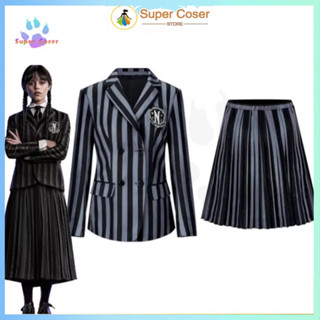 【จัดส่งที่รวดเร็ว】Wednesday Addams ชุดคอสเพลย์ ชุดยูนิฟอร์มนักเรียน เสื้อกั๊ก กระโปรง ปาร์ตี้ฮาโลวีน