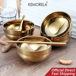 KEMORELA ชุดจานชามสเตนเลส 304 แบบหนา สองชั้น มีฉนวนกันความร้อน สีทอง สําหรับใส่อาหาร