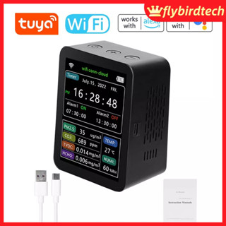 [ใหม่] Tuya เครื่องตรวจจับคุณภาพอากาศอัจฉริยะ WiFi PM2.5 CO2 TVOC HCHO อุณหภูมิความชื้น 6 In 1 แสดงวันที่ สัปดาห์ โทรศัพท์มือถือ APP รีโมต ดูนาฬิกาปลุก 2 ชุด