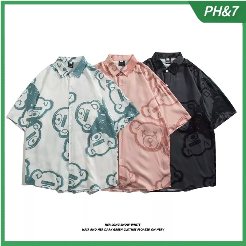 เสื้อเชิ้ตแขนห้าส่วน พิมพ์ลายหมี แฟชั่นสําหรับผู้ชาย ไซซ์ M - 3XL กางเกงขาสั้น