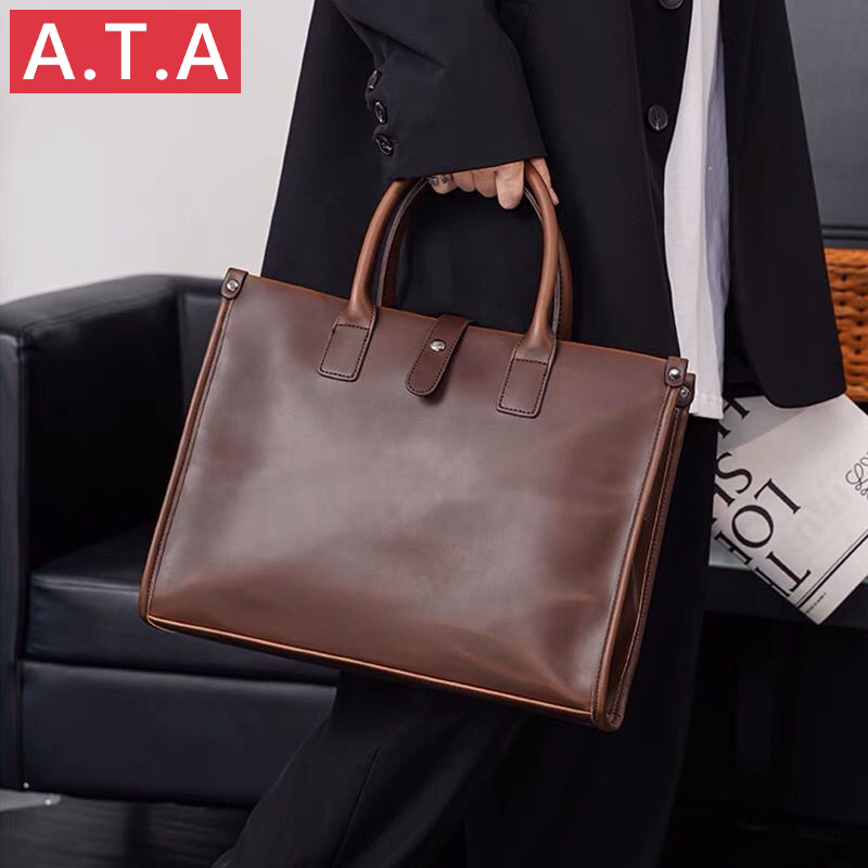 A.t.a กระเป๋าถือ กระเป๋าสะพายไหล่ หนังม้า แนวนอน ใส่คอมพิวเตอร์ได้ สําหรับผู้ชาย