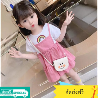 Childrens Fake Two-Piece Dress Summer Girls Cute Cartoon Princess Dress New Version Little Girls Western Style Midi Dress Loose