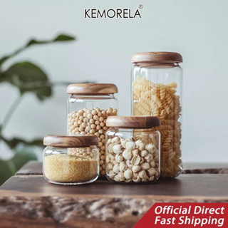 KEMORELA เหยือกแก้ว โหลไม้อะคาเซียทรงกลมใสสไตล์ญี่ปุ่น กระปุกขนม โถเก็บของในครัว แคดดี้ชา ผลไม้อบแห้ง ธัญพืชต่างๆ โหลแก้วสุญญากาศ ถังเก็บ เหยือกแก้ว ขวดแยม