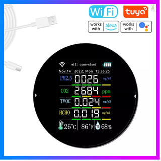 Flt Tuya เครื่องวัดคุณภาพอากาศ Wifi แบบพกพา 7in1 PM2.5 CO2 TVOC HCHO AQI เครื่องทดสอบอุณหภูมิความชื้น จอแสดงผลสี เครื่องตรวจจับคาร์บอนไดออกไซด์ รองรับการควบคุมแอปโทรศัพท์มือถือ พร้อมปฏิทิน