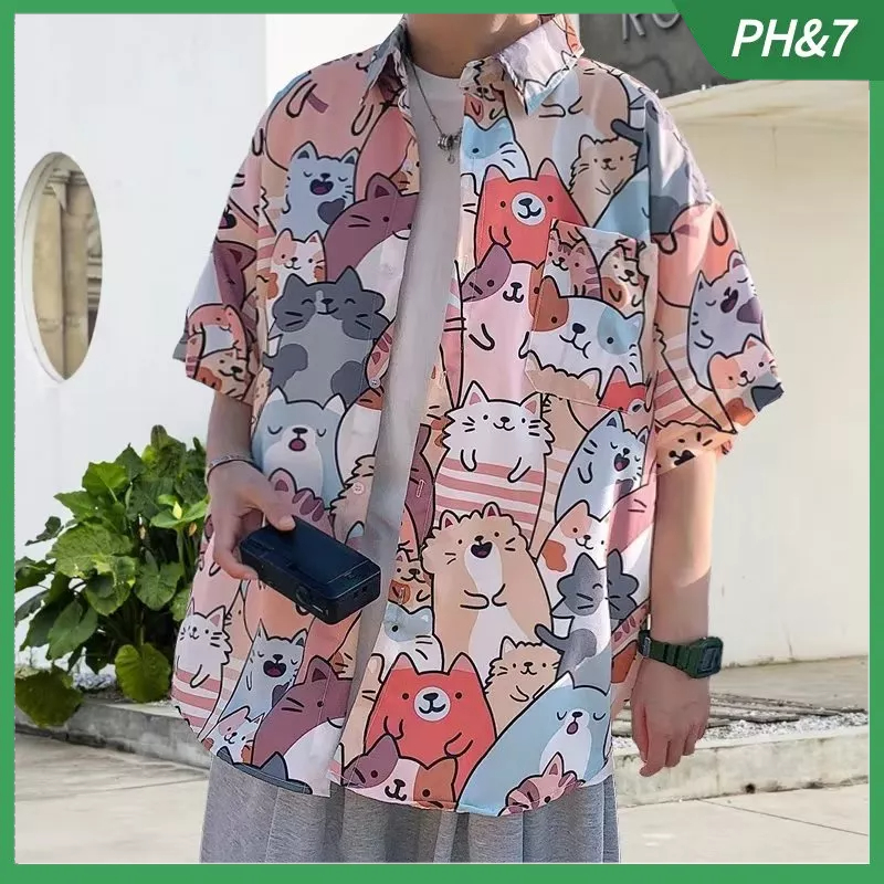 【ข้อเสนอพิเศษ】กางเกงขาสั้น เสื้อเชิ้ตแขนห้าส่วน พิมพ์ลายการ์ตูนสัตว์ สีชมพู แบบเรียบง่าย สไตล์ญี่ปุ่น เหมาะกับฤดูใบไม้ผลิ สําหรับผู้ชาย ไซซ์ M - 3XL