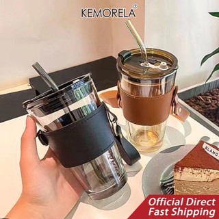 KEMORELA แก้วกาแฟ แก้วใส่น้ำ แก้วใส่กาแฟ พร้อมห ลอดแก้ว ฝาปิด ปลอกหนัง กันร้อนถ้ วยแก้ว แก้วกาแ ฟออโรร่าแ ก้วฟางใส พร้อมฝ าปิด ขวดน้ํา ชานม ขวดน้ํา พร้อมสา ยคล้อง กันลื่น ถ้วยแก้ว แก้วใส่น้ำ 470ml แก้วกาแฟ สไตล์มินิมอล พร้อมหลอดแก้ว ฝาปิด