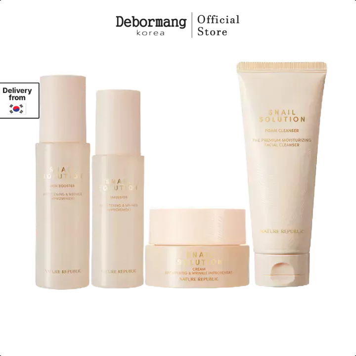 ใหม ่ [Nature Republic ] Snail Solution Skin Booster 130ml + อิมัลชั ่ น 120ml + ครีม 52ml + Foam Cleanser 150ml