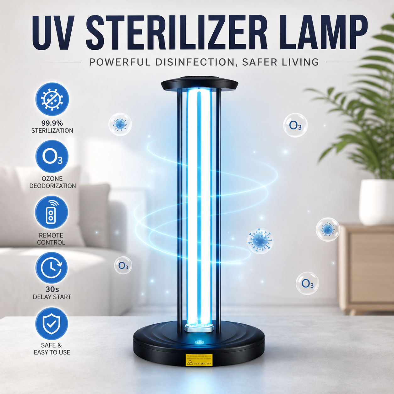 เครื่องฆ่าเชื้อ UV 99.9% อัตราการฆ่าเชื้อ พร้อมตัวเลือกโอโซน โคมไฟฆ่าเชื้ออัลตราไวโอเลต รีโมทคอนโทรล หลายระดับพลังงาน สำหรับบ้าน ห้องนอน สำนักงาน