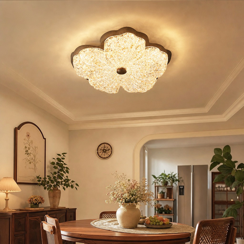 โคมไฟเพดานรูปกลีบดอกไม้สีทอง LED 3 สี โคมไฟทำจากเรซิน วินเทจ โคมไฟติดเพดาน สําหรับตกแต่งห้องนั่งเล่น/ห้องนอน/ห้องเด็ก