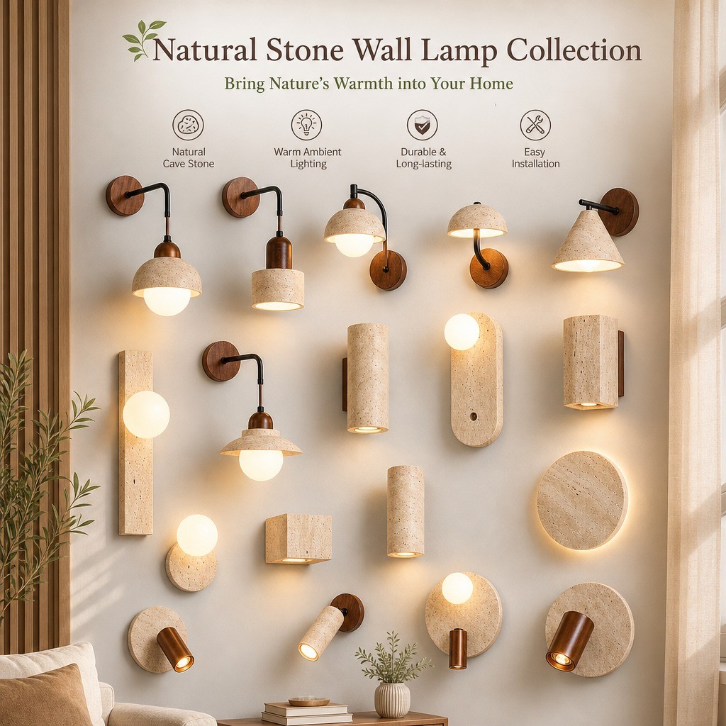 โคมไฟติดผนัง LED สไตล์ Japandi Wabi-Sabi วัสดุหินทราเวอร์ตินธรรมชาติ ให้แสงนุ่ม ตกแต่งห้องนอน ข้างเตียง ห้องนั่งเล่น โรงแรม ทางเดิน โถงทางเข้า มีหลายแบบให้เลือก