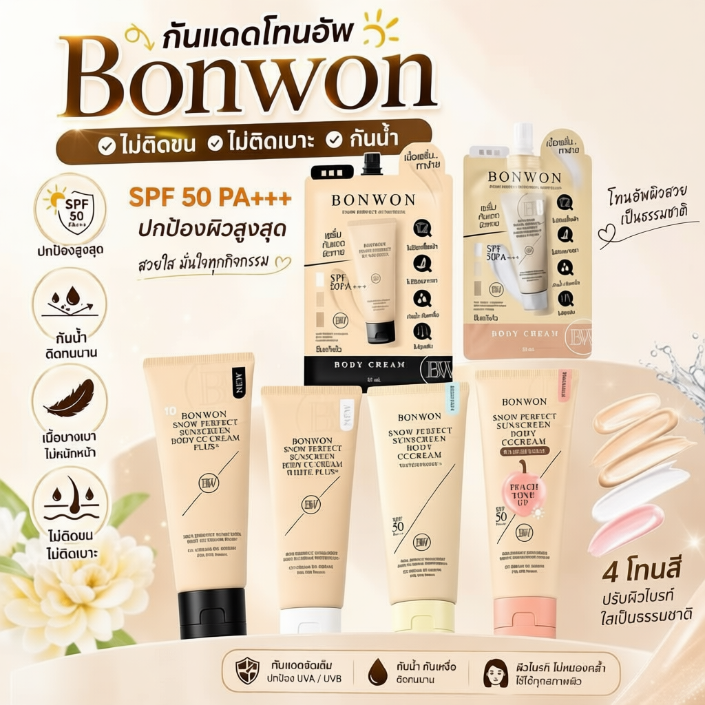 3สูตร แพคเกจใหม่มีกล่อง กันแดด Bonwon Body CC Cream กันแดดผิวขาว ไม่ติดเบาะ ไม่ติดขน โทนอัพ