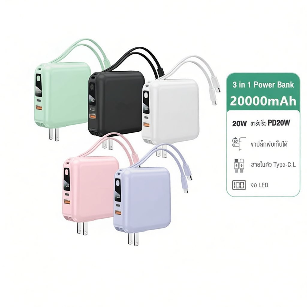 ACNIC CCC [รับประกัน 2 ปี] W1501 Powerbank 20000mAh  ชาร์จเร็ว PD20W มีสายในตัว หน้าจอ LED