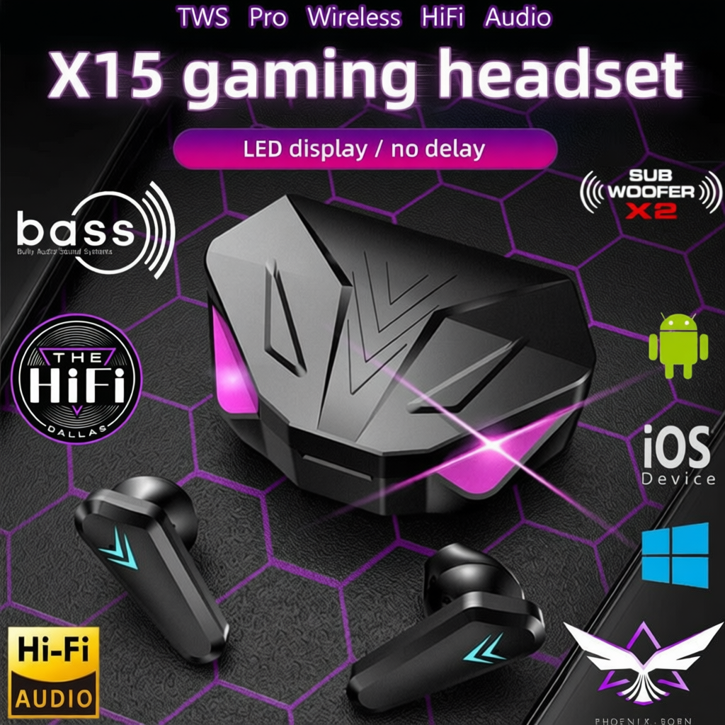 หูฟังสำหรับเล่นเกม TWS X15 พร้อมไมค์ เสียงรอบทิศทาง หู
