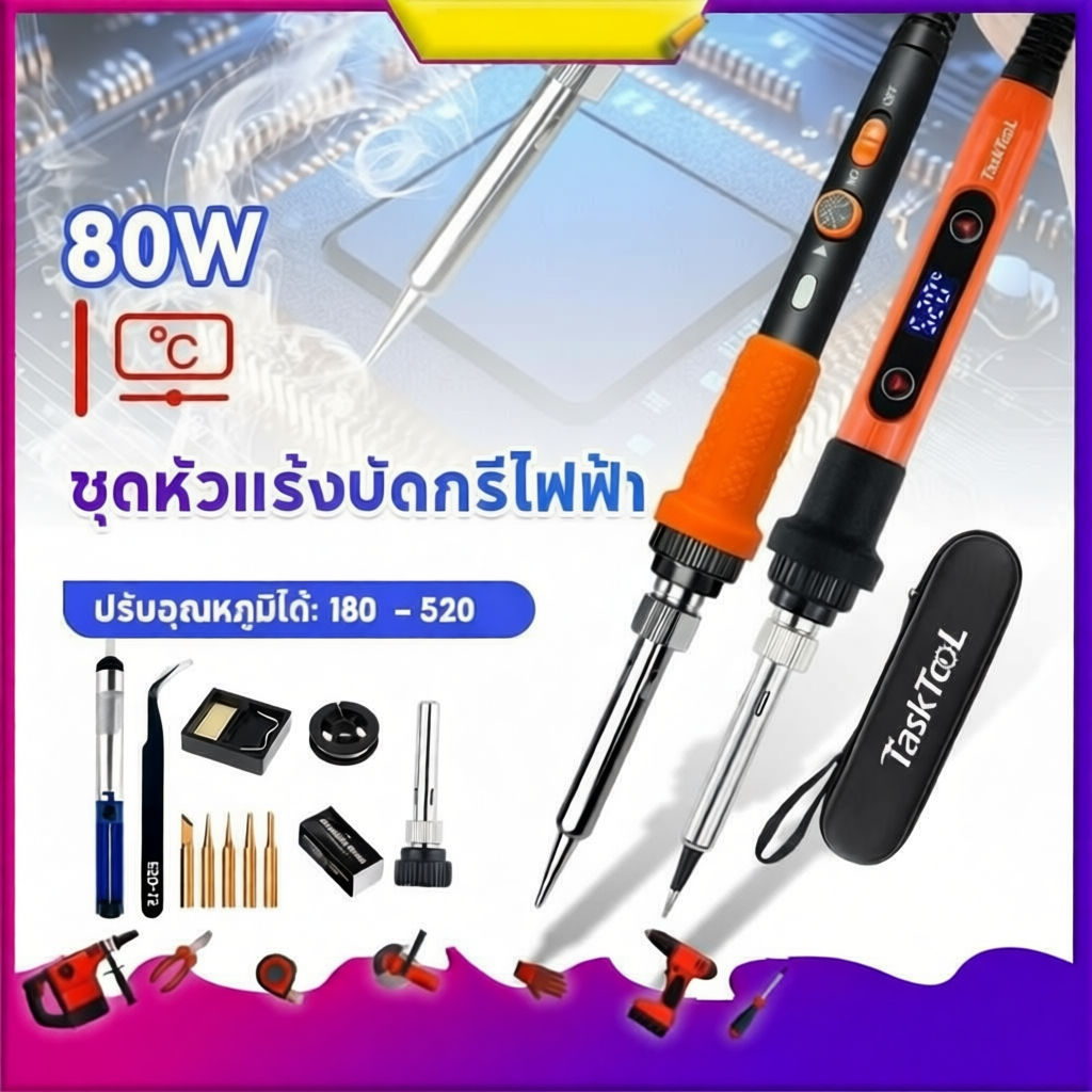 TASKTOOL ชุดหัวแร้งบัดกรีไฟฟ้า 80W ปรับอุณหภูมิได้ 180-520°C พร้อมหน้าจอ LED และมือจับป้องกันไฟฟ้าสถ