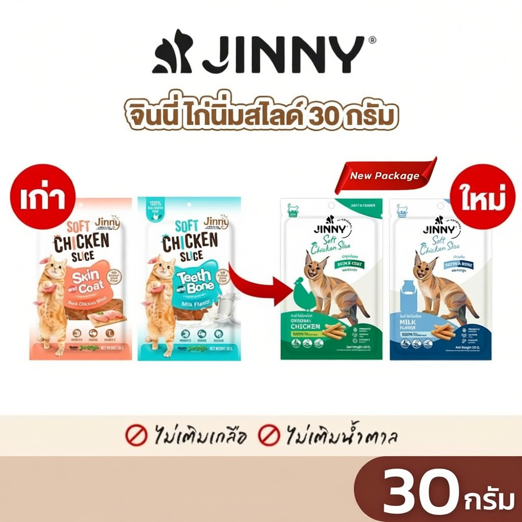 จินนี่ ไก่นิ่มสไลด์ Jinny ทำจากเนื้อไก่แท้ๆ ขนมแมว อาหารแมว