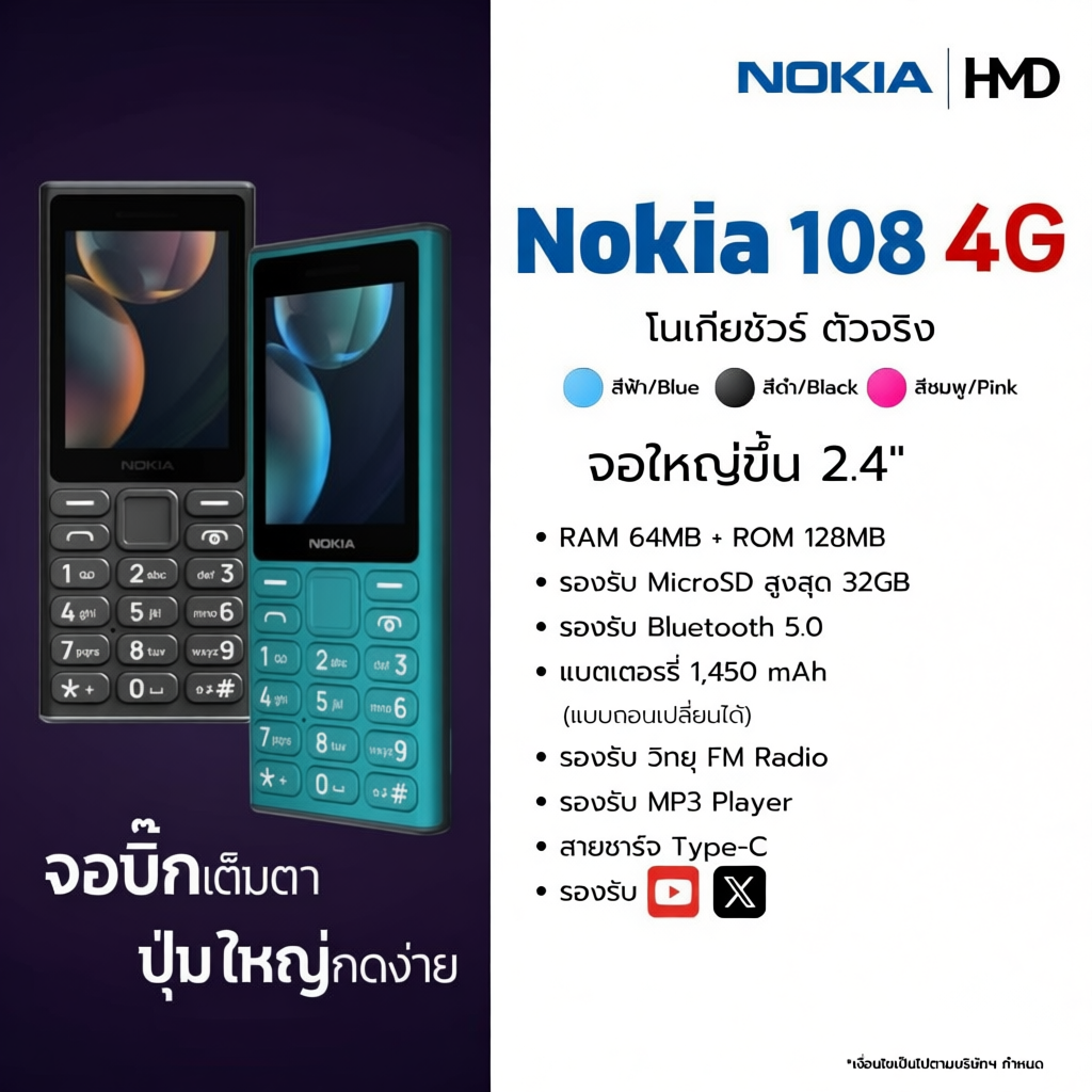 Nokia 108 ปุ่มกด 4G จอ2.4"เครื่องศูนย์ไทยประกัน 1 ปี
