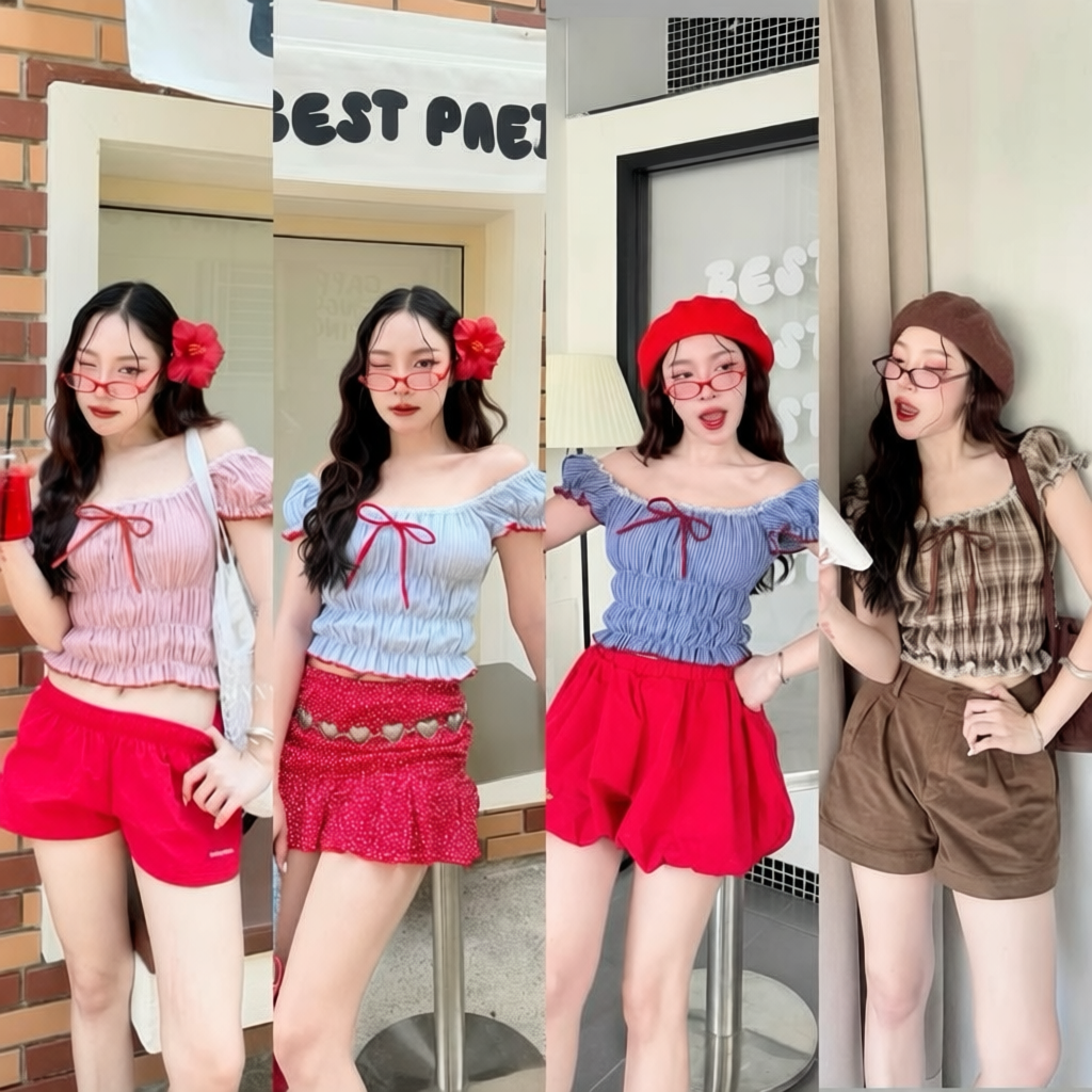 Mellow Crop แขนตุ๊กตาผู้หญิง แต่งจั๊มลายทาง ผูกโบว์ สไตล์คาเฟ่