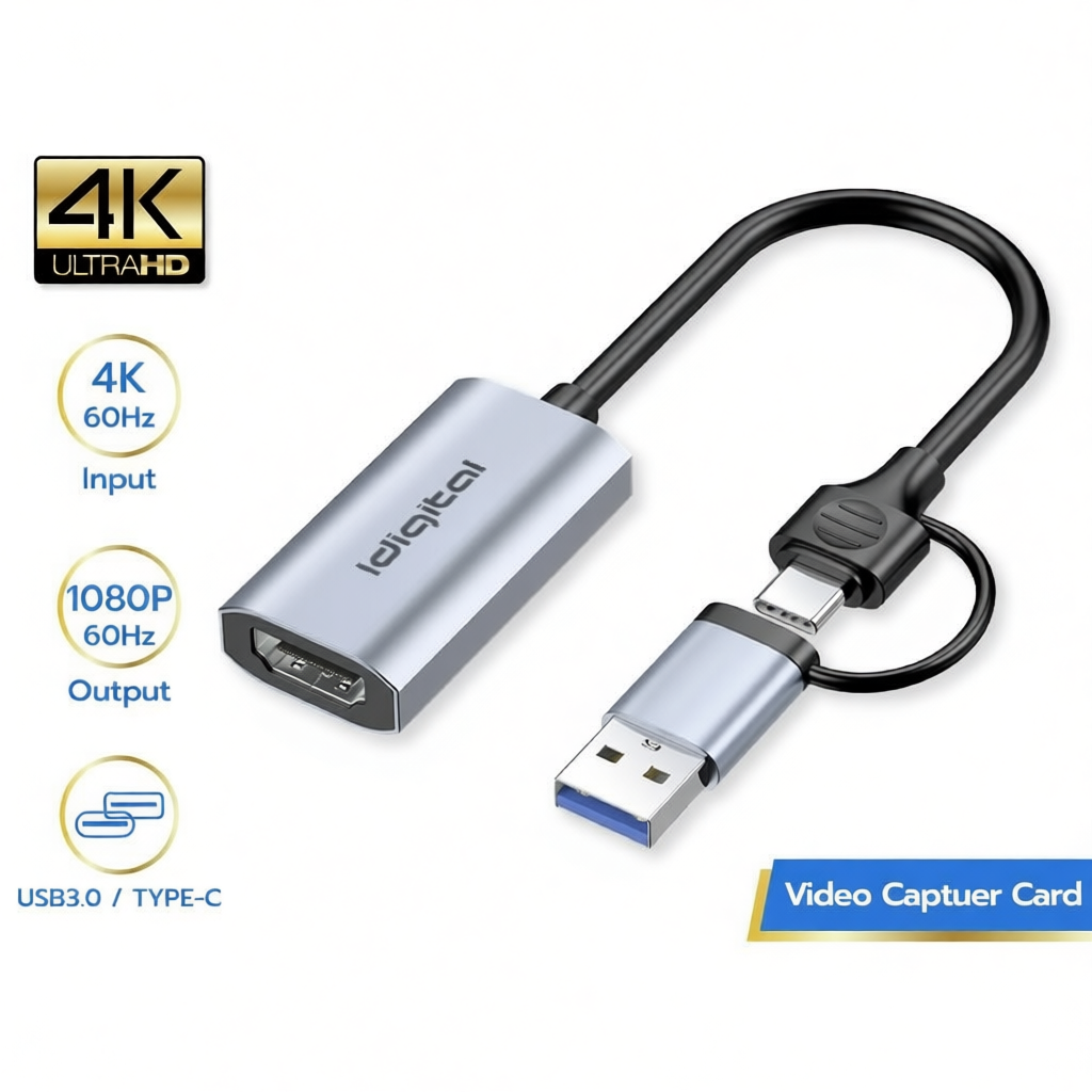 Idigital การ์ดจับภาพวิดีโอ Type-C / USB3.0, 4K@60Hz, การบันทึกวิดีโอความละเอียดสูง