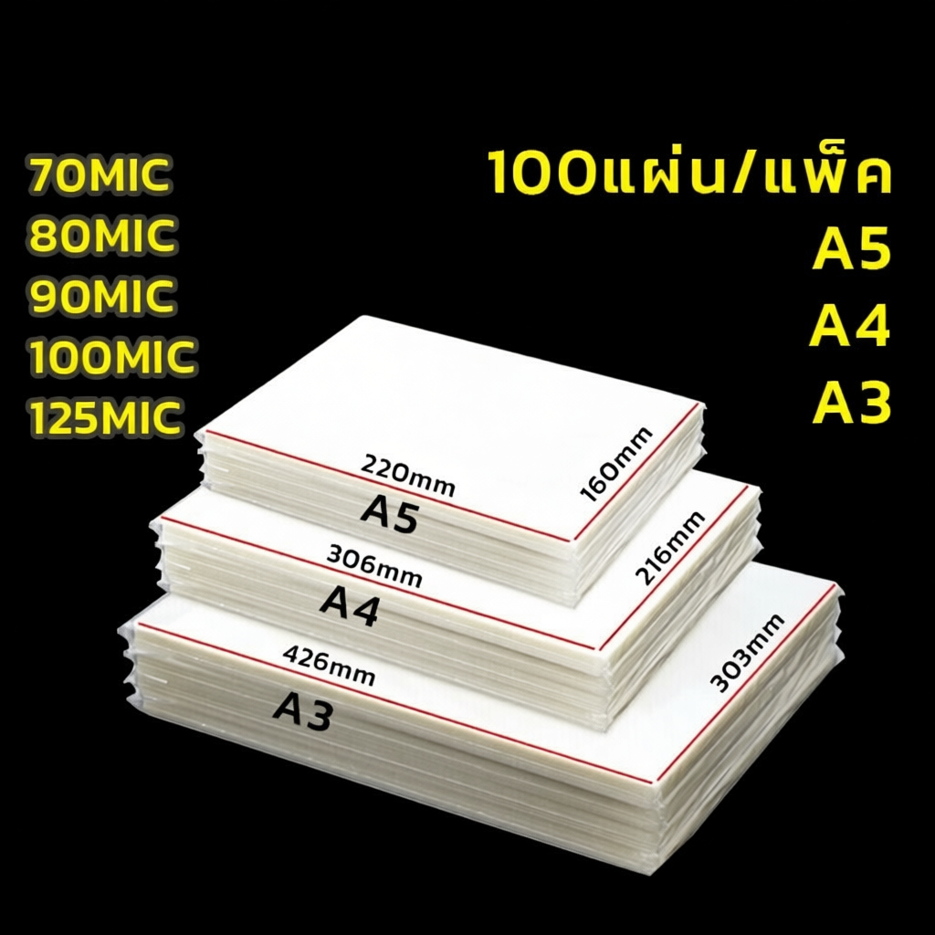 แผ่นพลาสติกเคลือบ A4 A3 A5 แพ็คละ100แผ่น หลายความหนาเลือกได้