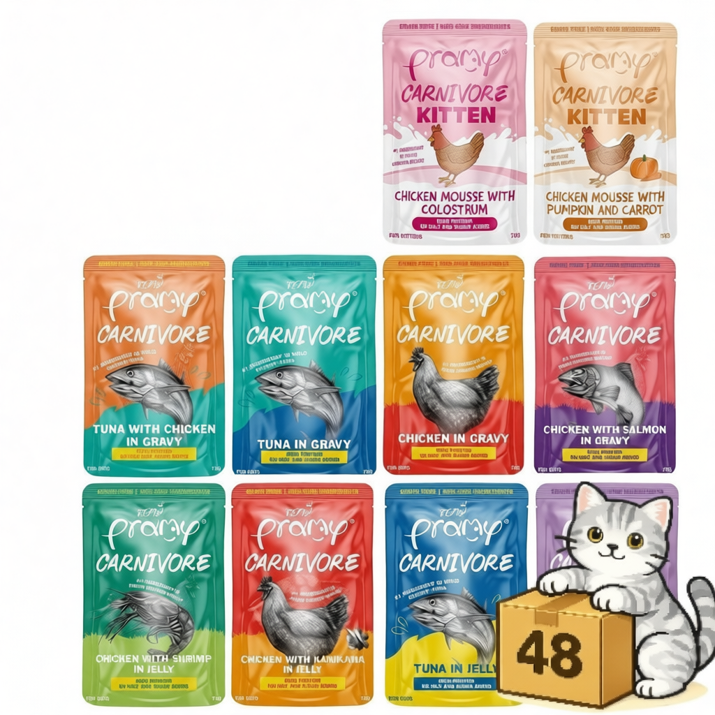 ( ยกลัง 48 ซอง ) Pramy Carnivore อาหารเปียกแมว Gluten Free เปียกแมว สูตรโปรตีน