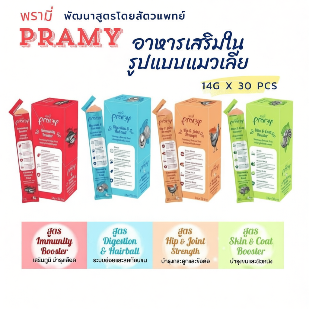 Pramy พรามี่ อาหารเสริมในรูปแบบแมวเลีย 14gx30ซอง