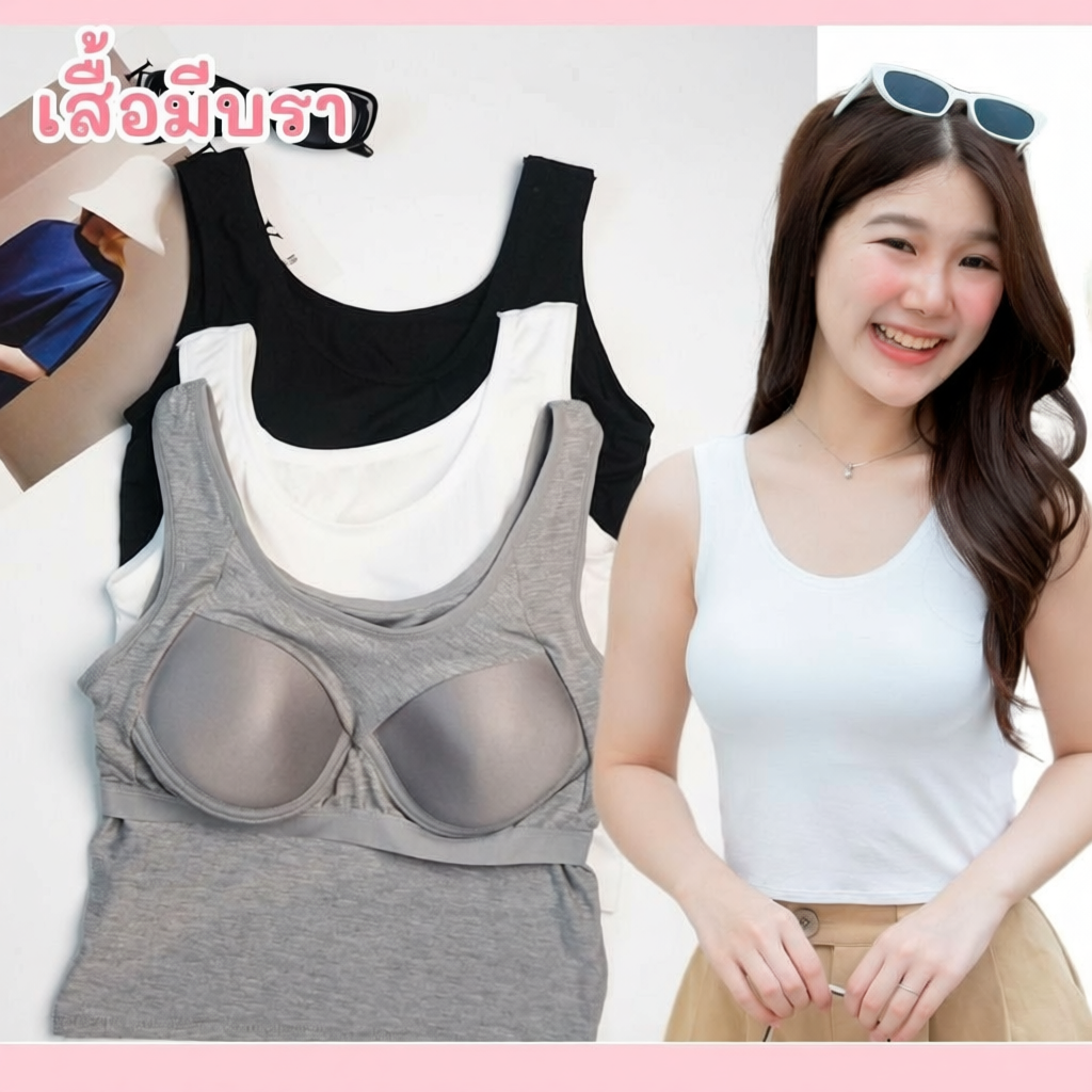 Ninamee เสื้อกล้ามมีบรา ครึ่งตัว อก28-38 นิ้ว ทรงสวย ผ้านิ่มยืดสบาย บราในตัว เสื้อกล้ามผู้หญิง