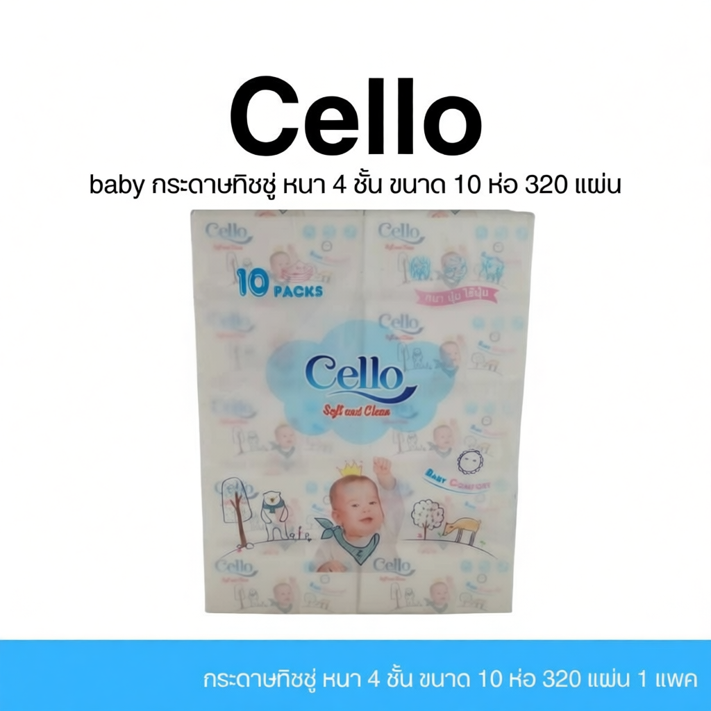[1 แพค / 10 ห่อ] Cello baby กระดาษทิชชู่ หนา 4 ชั้น 320 แผ่น