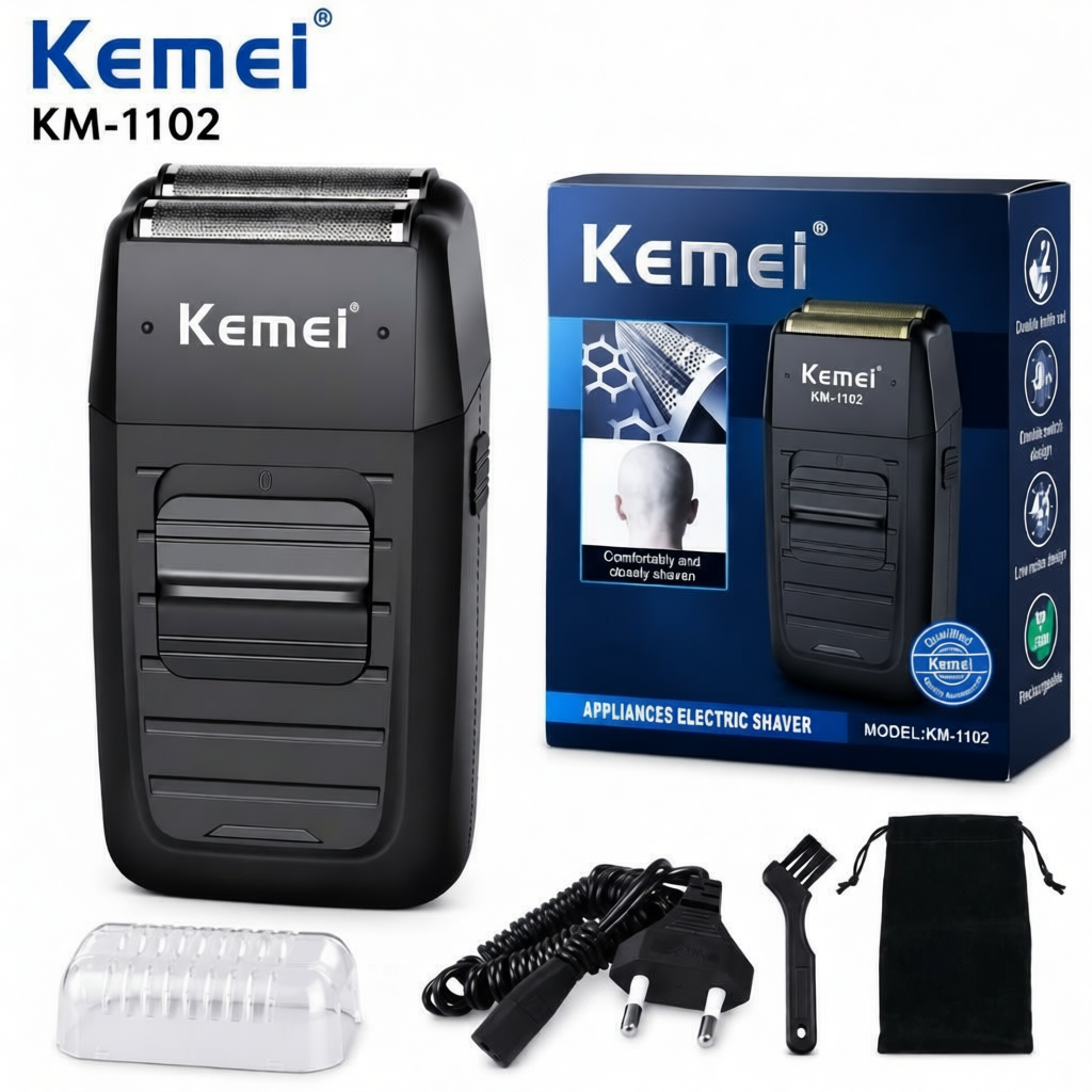 Kemei KM-1102 เครื่องโกนหนวดแบบไร้สาย 2 in1 ใบมีดแฝด