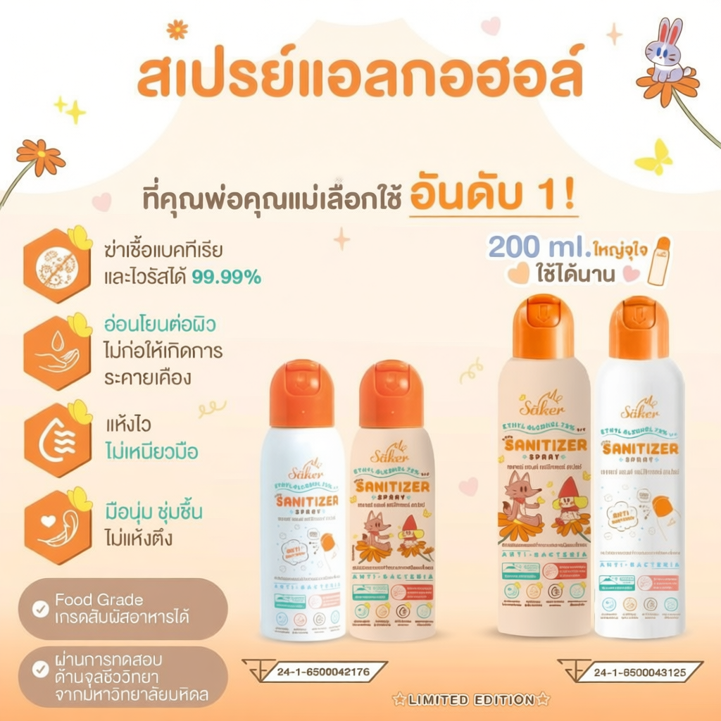 Saker สเปรย์แอลกอฮอล์จากพืชธรรมชาติ เกรดสัมผัสอาหารได้ มาตรฐานญี่ปุ่นอันดับ1