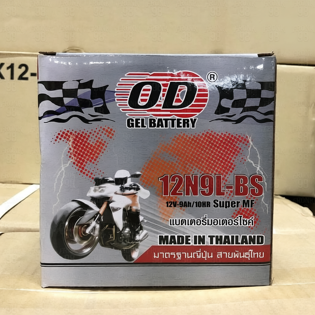 OD แบตเตอรี่ รุ่น 12N9L-BS (12V 9AH) แบบแห้ง สำหรับรถจักรยานยนต์ทรงสูง