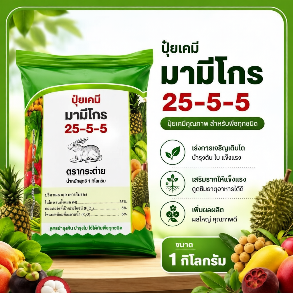 1 กิโลกรัม ฮอร์ทิไดน์ 25-5-5 ตรากระต่าย เร่งการเจริญเติบโตของพืช