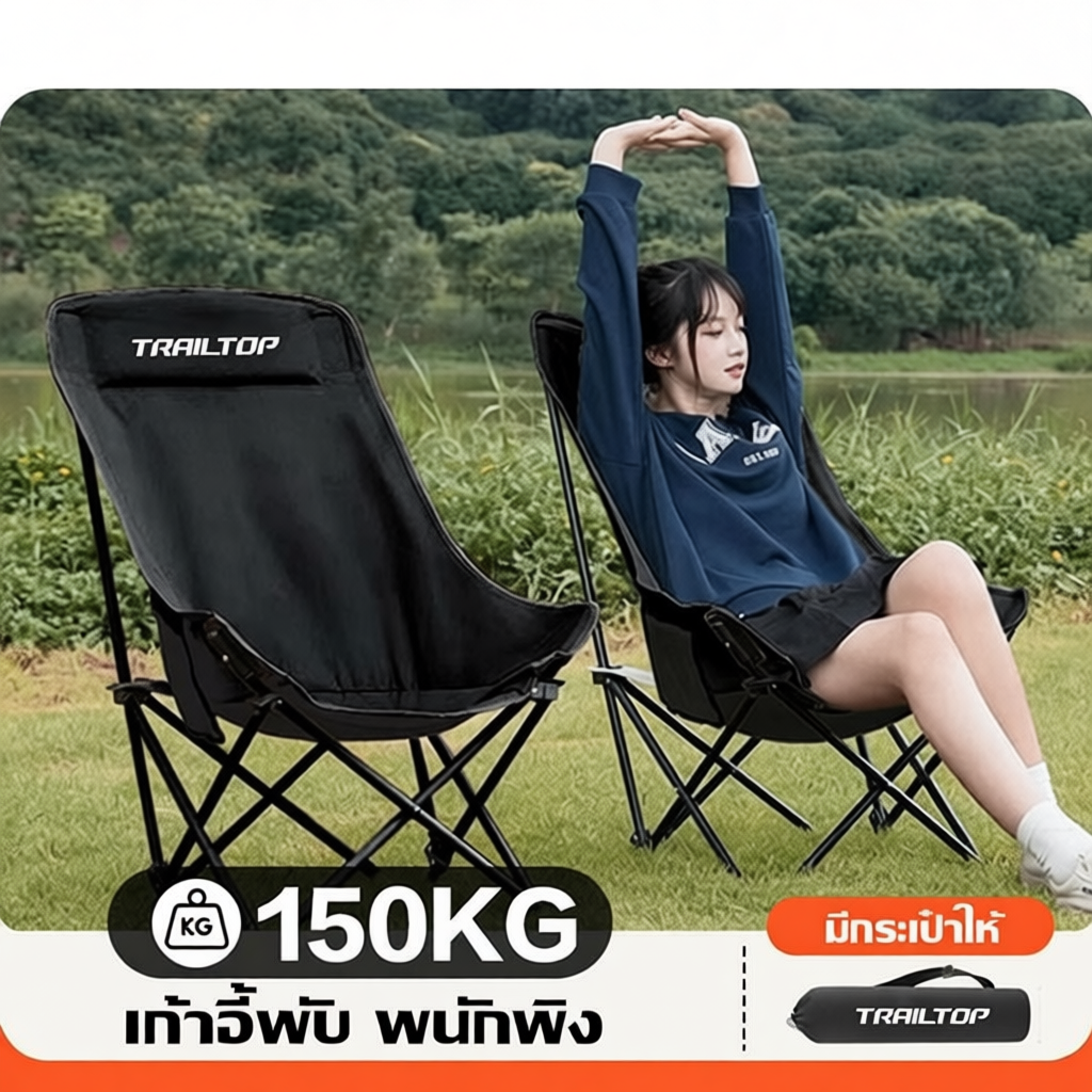 TRAILTOP เก้าอี้แคมป์ปิ้ง พนักพิงสูง แบบพกพา รับน้ำหนัก 300KG